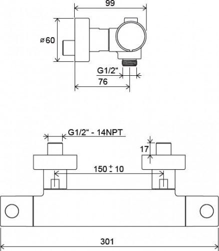Термостатический настенный смеситель для душа Ravak Puri PU 033.00/150